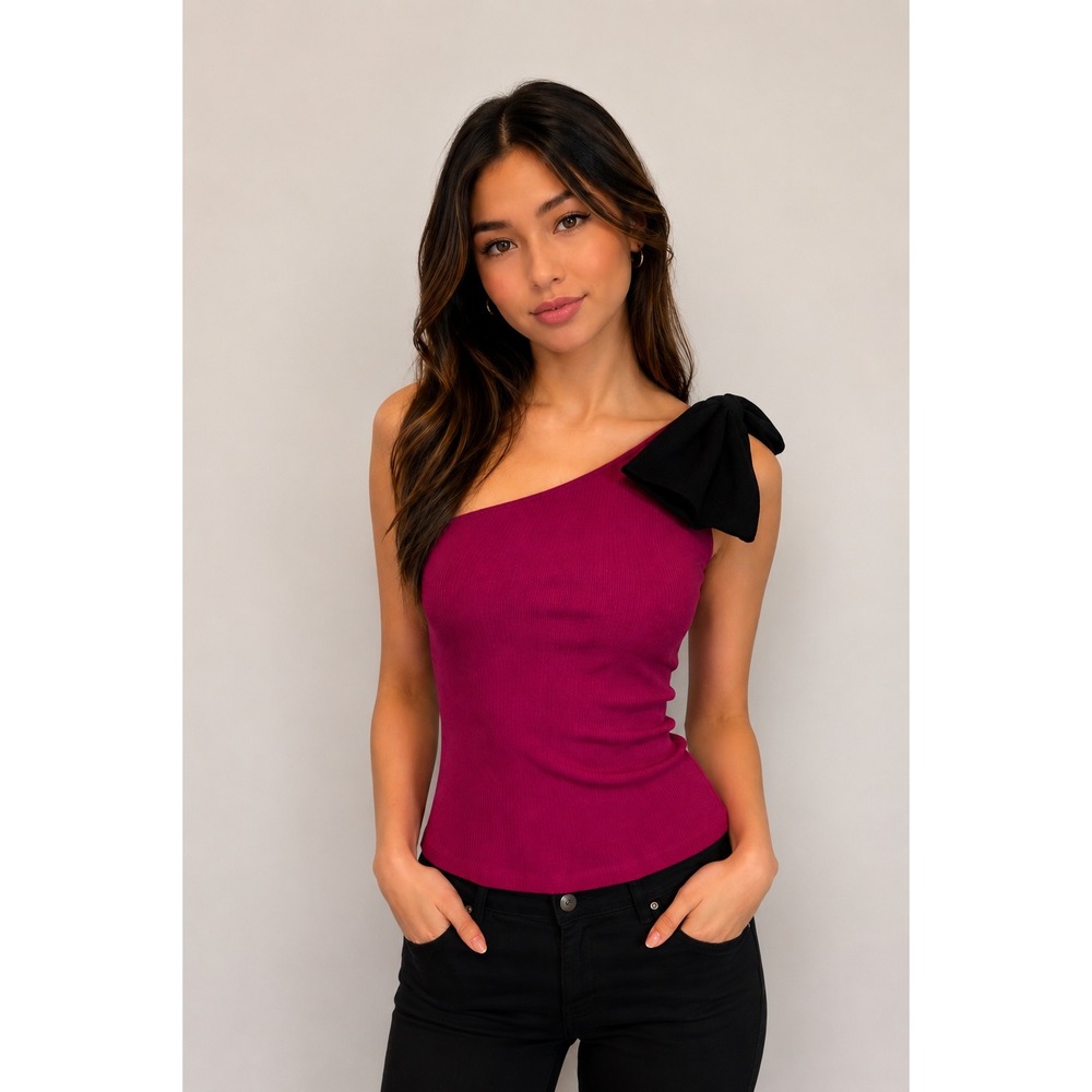 Zara Barbiecore One Shoulder Bow Top Ribbed Pink Black Y2K Coquette L